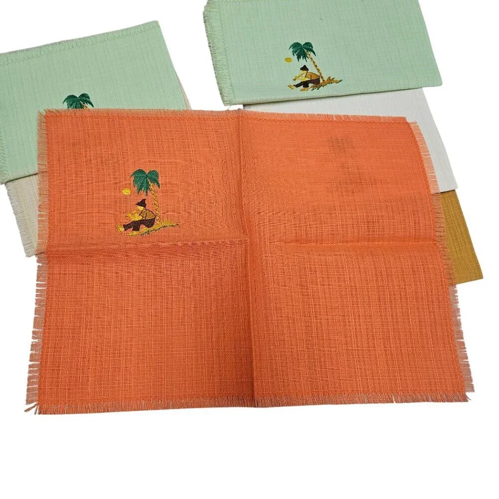 8 Vintage Tropical Themed Linen‎ Napkins Placemat Multicolor Needle Cross Stitch